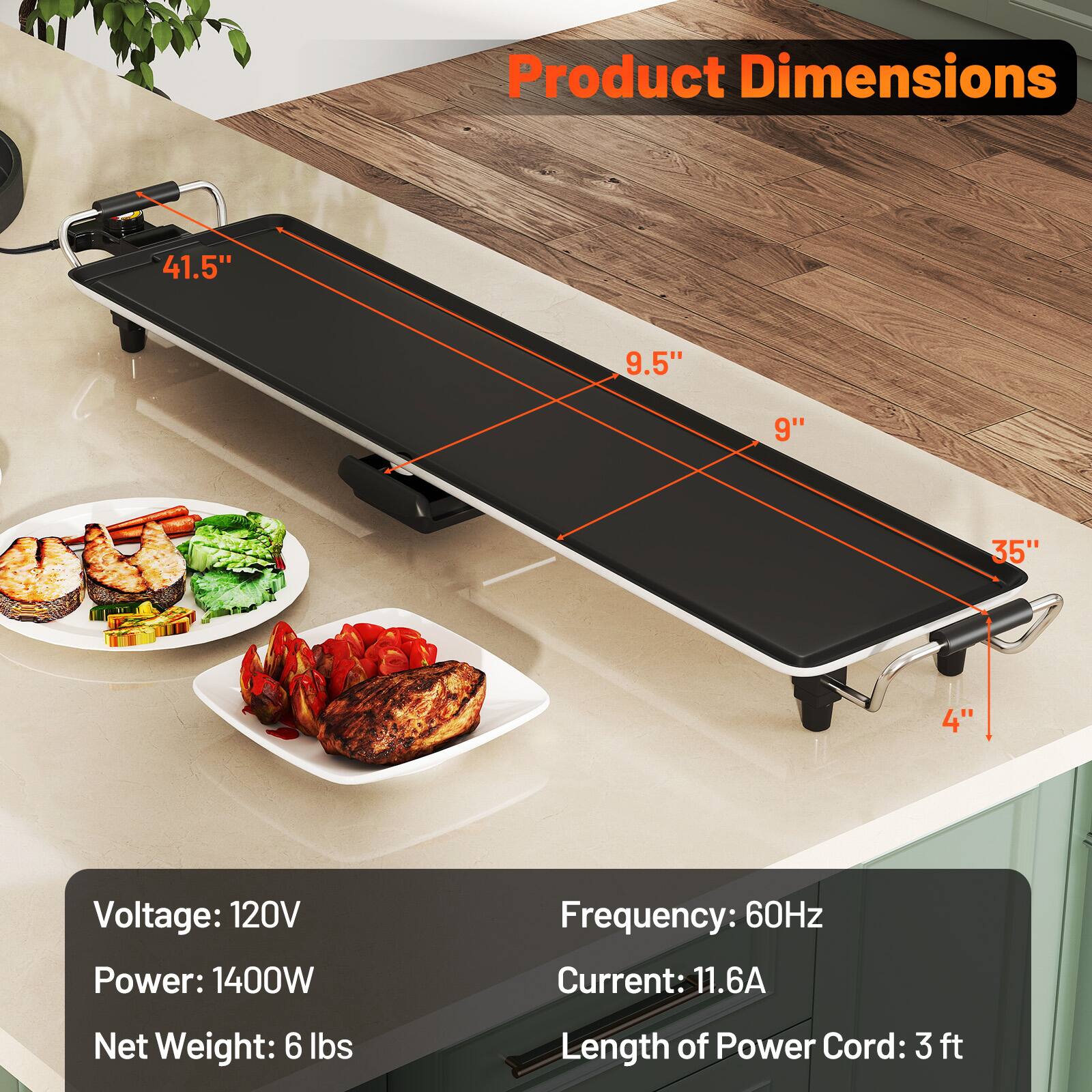 Product Dimensions: 41.5" x 9.5" x 9" x 35" x 4"

Voltage: 120V  
Power: 1400W  
Frequency: 60Hz  
Current: 11.6A  
Net Weight: 6 lbs  
Length of Power Cord: 3 ft