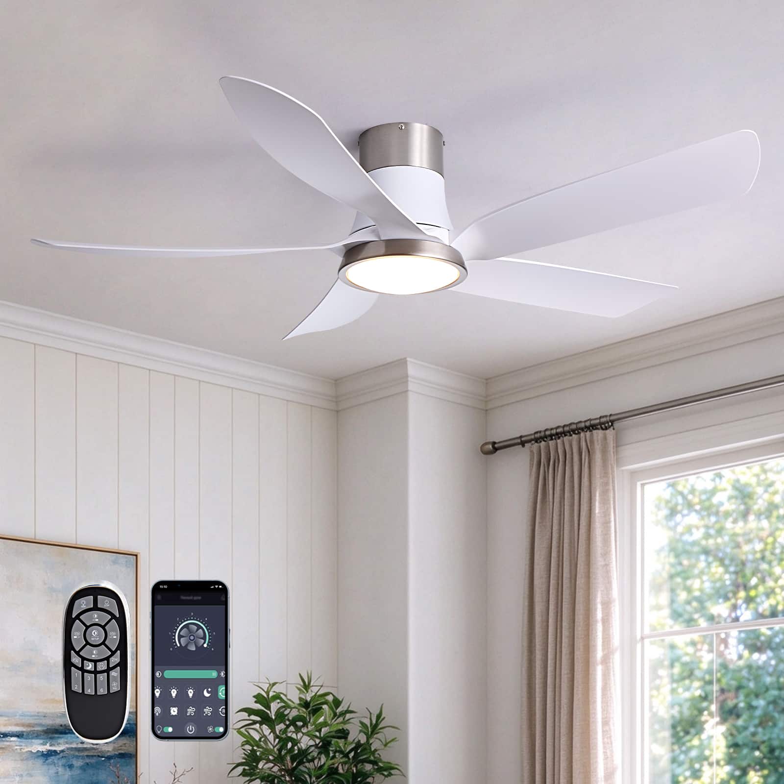 Siljoy - 52 Inch 5 Blade Low Profile Flush Mount Ceiling Fan with LED Light Remote and App for Bedroom Living Room - White and Silver