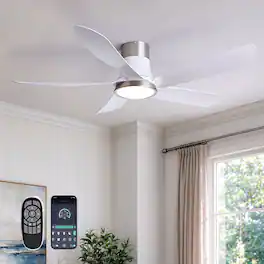 Siljoy - 52 Inch 5 Blade Low Profile Flush Mount Ceiling Fan with LED Light Remote and App for Bedroom Living Room - White and Silver