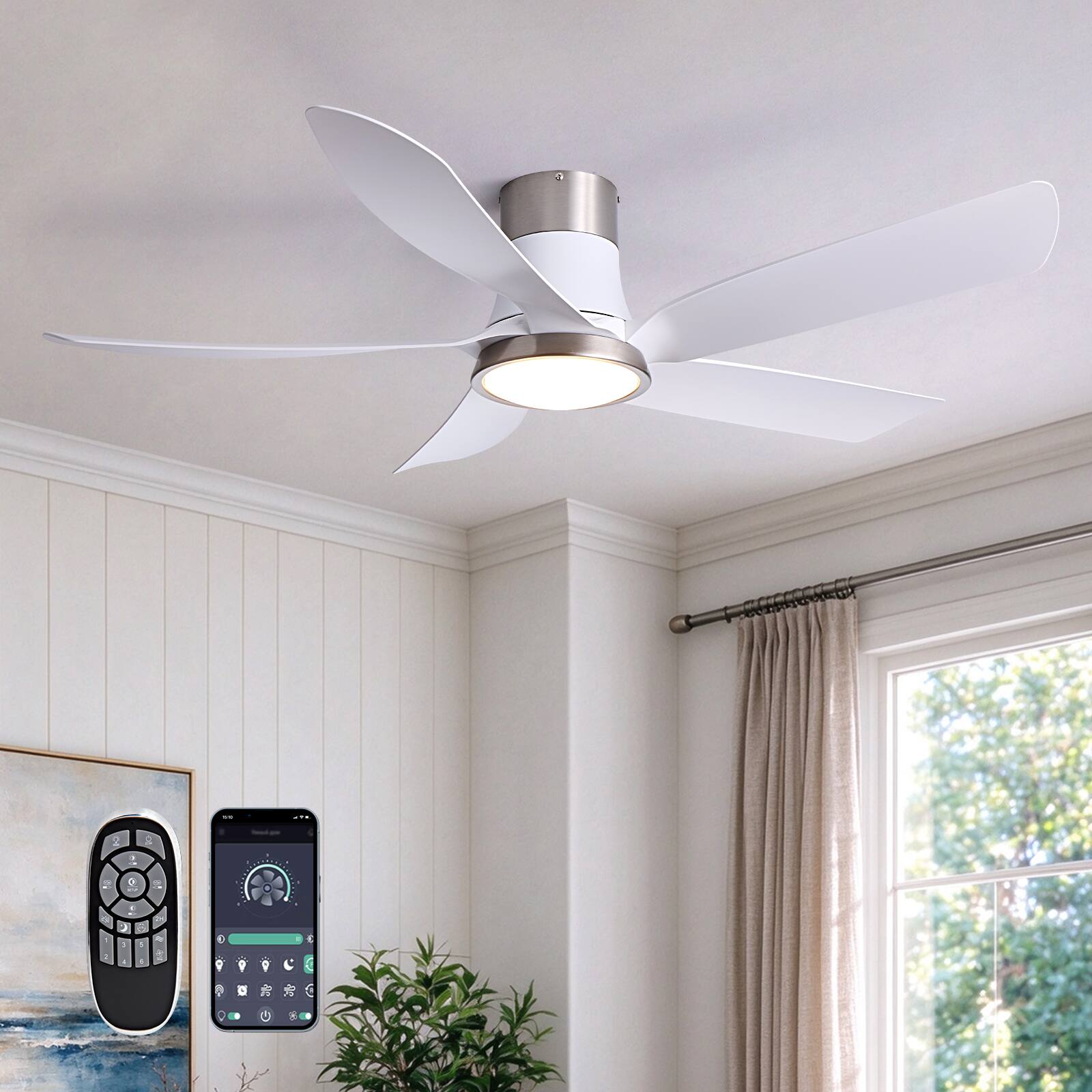 Siljoy - 52 Inch 5 Blade Low Profile Flush Mount Ceiling Fan with LED Light Remote and App for Bedroom Living Room - White and Silver
