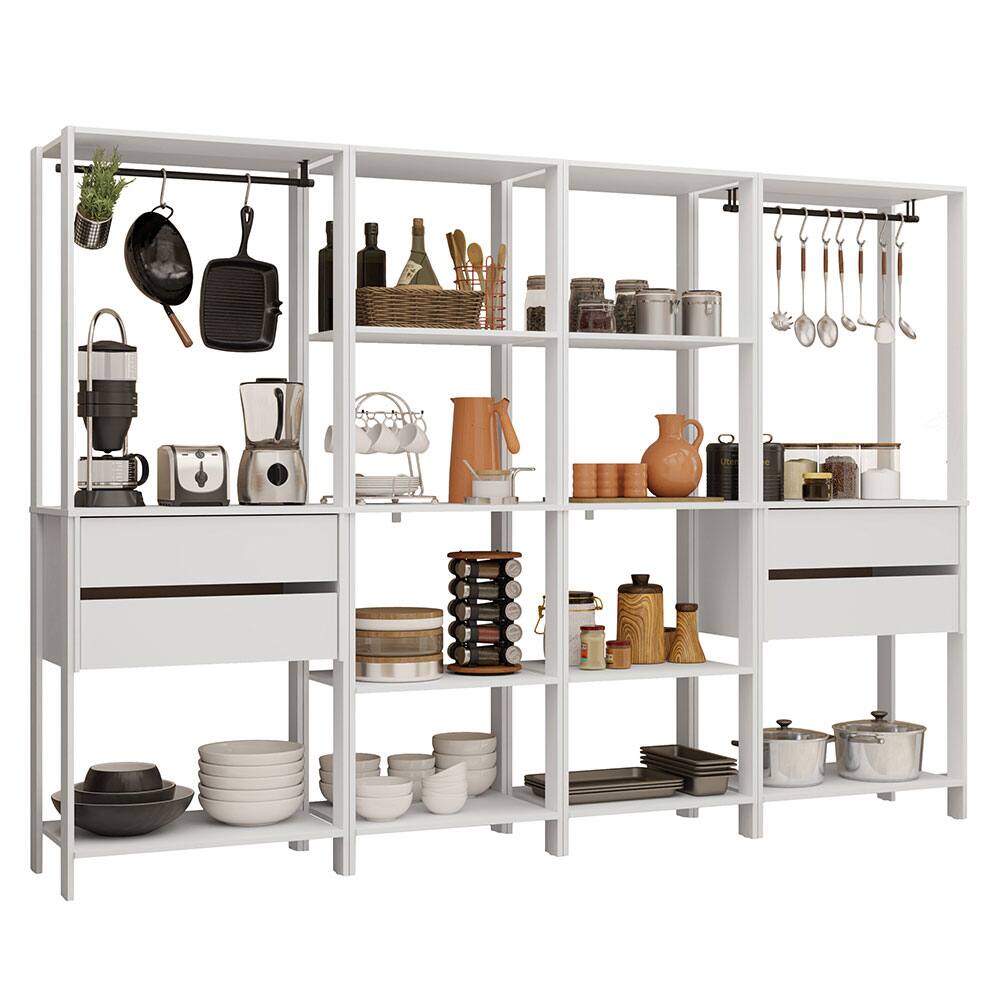 Angle. Madesa - Madesa Kitchen Pantry Storage Rack with 4 Drawers, Open Shelves and Hanging Spaces 102"L - White - White.