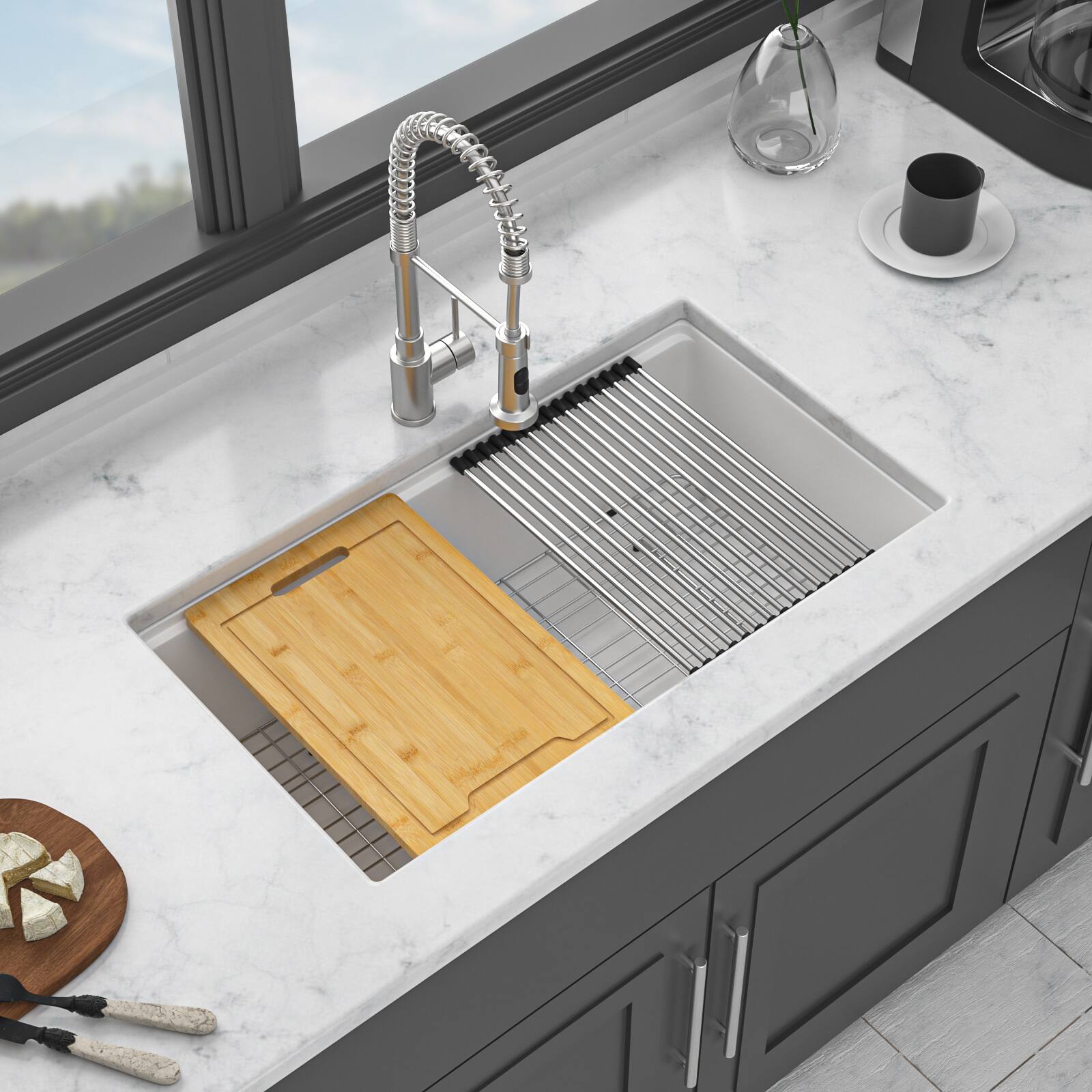 Angle. Siljoy - Quartz Kitchen Sink - 30" x 19" x 9.65" White granite composite Workstation undermount kitchen sink - White.