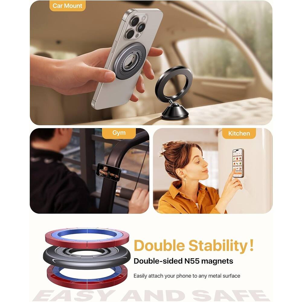 Left. PARKER SLATER - Sability Max Dual-Sided Magnetic Phone Ring Grip Stand for MagSafe iPhone 16–12 & Samsung S25 (Grey) - Grey.