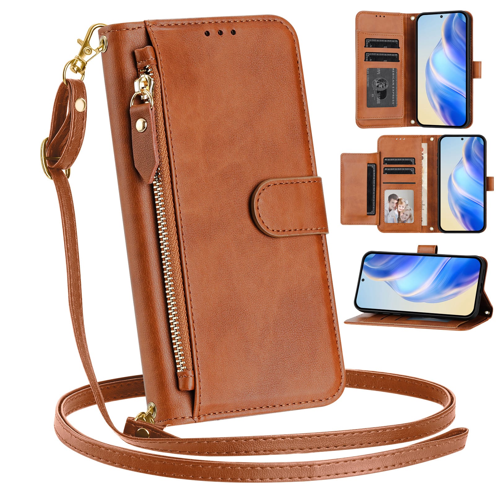 UUCOVER - Zipper Wallet Case for iPhone 17e / iPhone 16e Magnetic PU Leather Card Slots Stand Cover with Shoulder / Wrist Strap - Brown price history on PriceWatchPro