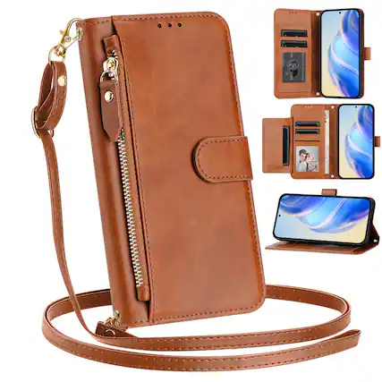Front. UUCOVER - Zipper Wallet Case for Google Pixel 10 Pro XL Magnetic PU Leather Card Slots Stand Cover with Shoulder / Wrist Strap - Brown.