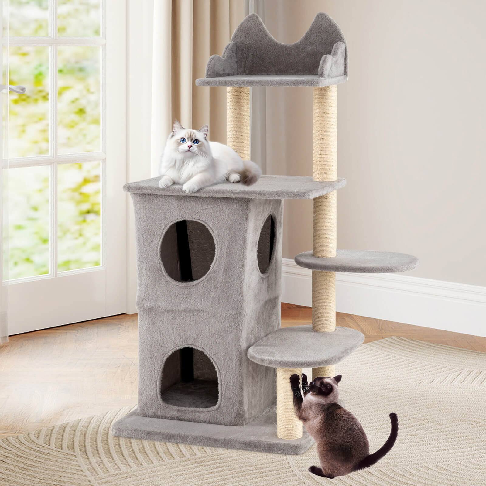Alt View 4. Costway - Costway 48.5 inch Cat Tree for Indoor Cat with 2-story Condo, 3 Hideaway Caves, Plush Perch - Gray.