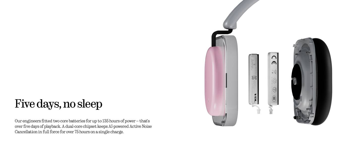 Five days, no sleep

Our engineers fitted two core batteries for up to 135 hours of power—that's over five days of playback. A dual-core chipset keeps AI-powered Active Noise Cancellation in full force for over 75 hours on a single charge.