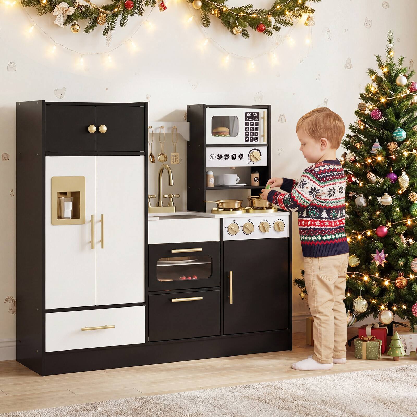 Alt View 4. Gymax - Gymax Play Kitchen for Kids w/Realistic Lights & Sounds Stoves Sink Faucet Oven - Black.