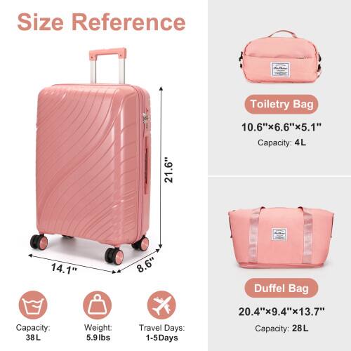 Size Reference

Toiletty Bag  
10.6" x 6.6" x 5.1"  
Capacity: 4L

Duffel Bag  
20.4" x 9.4" x 13.7"  
Capacity: 28L

21.6"  
14.1"  
8.6"  
Capacity: 38 L  
Weight: 5.9lbs  
Travel Days: 1-5 Days