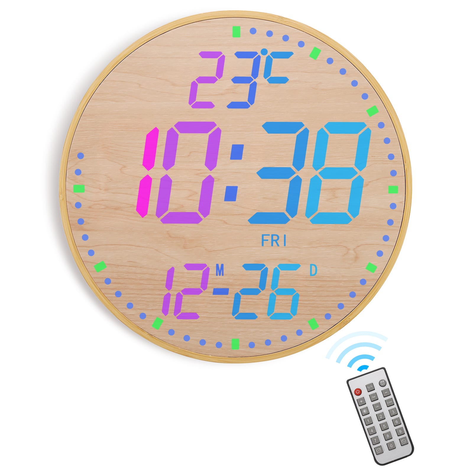 Unique Bargains - 12" Large Digital Wall Mount Clock Count Down Timer Alarm Big LED 12 RGB Color Temperature for Living Room Classroom - Bamboo Elements