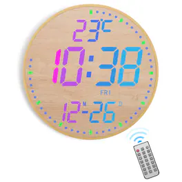 Unique Bargains - 12" Large Digital Wall Mount Clock Count Down Timer Alarm Big LED 12 RGB Color Temperature for Living Room Classroom - Bamboo Elements