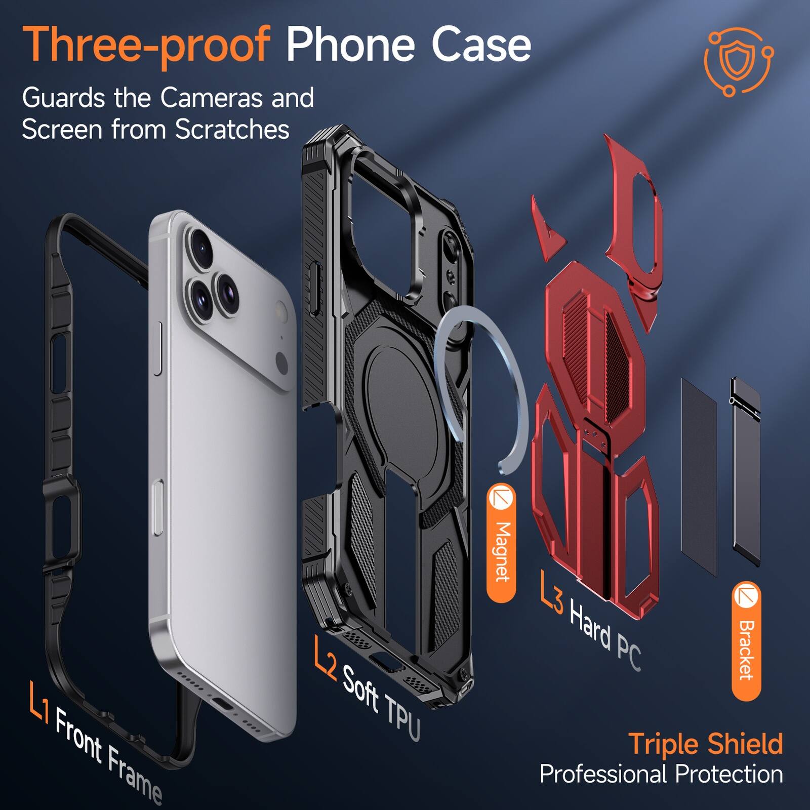Three-proof Phone Case Guards the Cameras and Screen from Scratches

L1 Front Frame
Soft TPU
Magnet

L2
L3 Hard PC
Bracket

Triple Shield
Professional Protection
