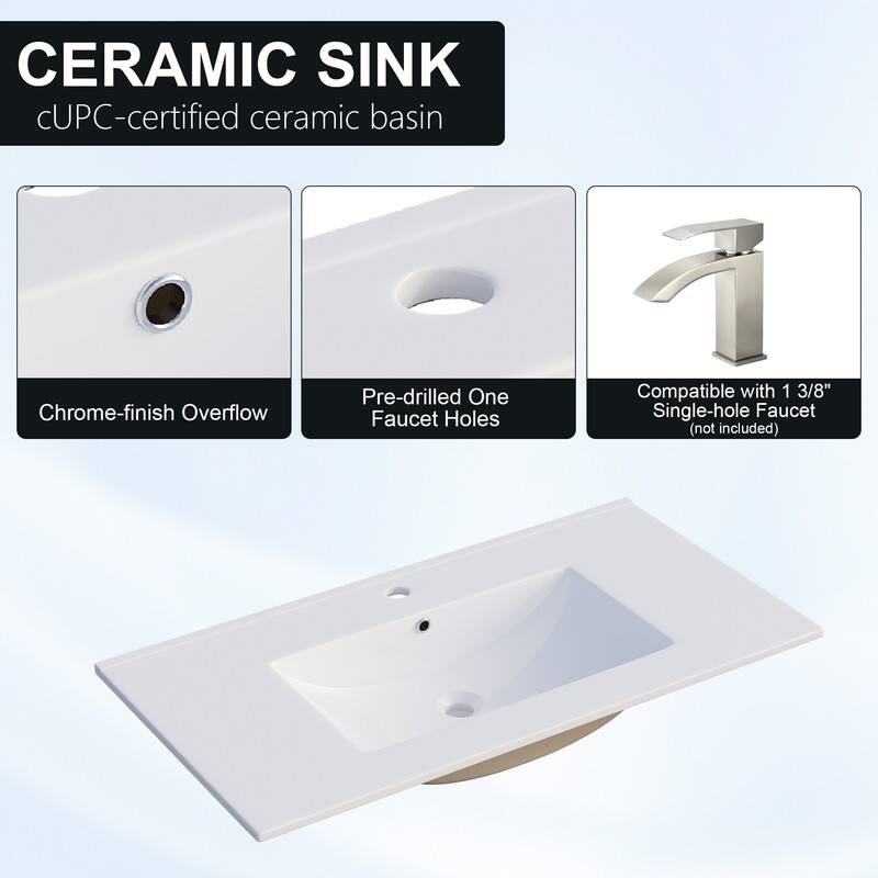CERAMIC SINK  
cUPC-certified ceramic basin  
Chrome-finish Overflow  
Pre-drilled One Faucet Holes  
Compatible with 1 3/8" Single-hole Faucet (not included)