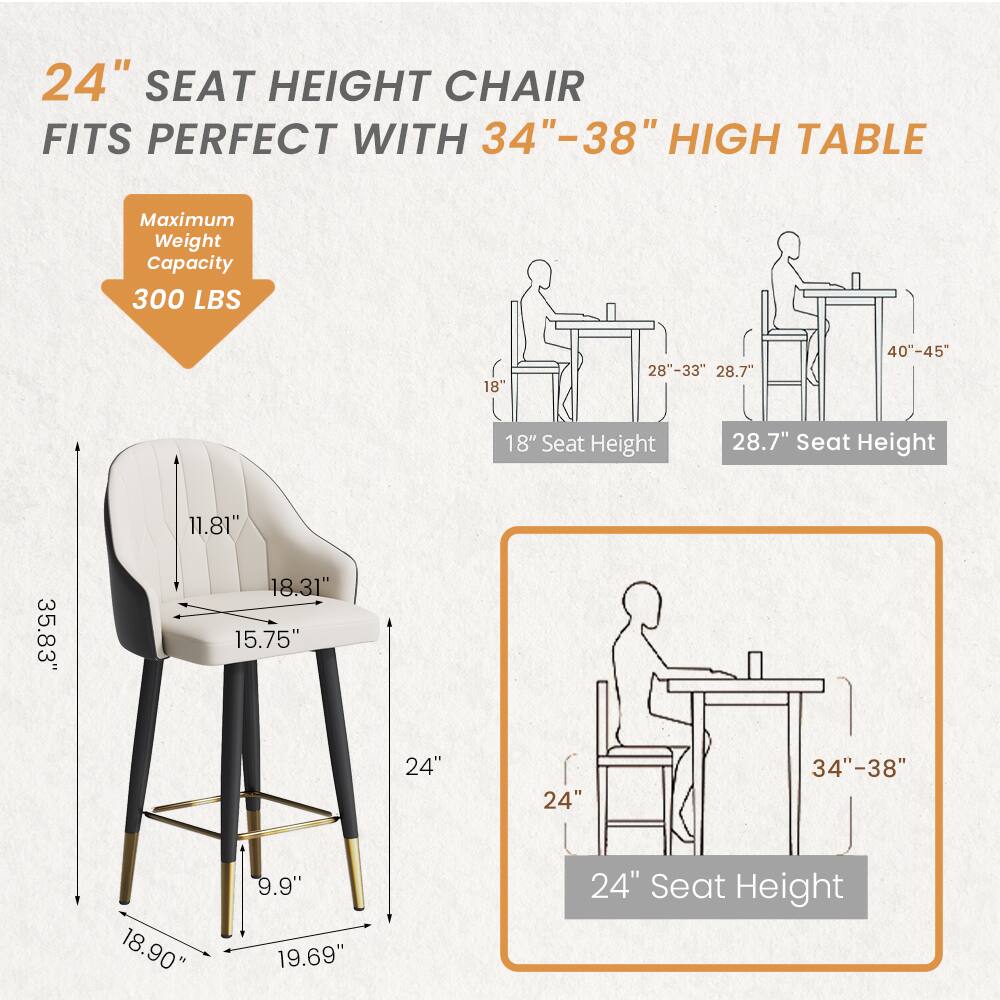 24" SEAT HEIGHT CHAIR FITS PERFECT WITH 34"-38" HIGH TABLE

Maximum Weight Capacity: 300 LBS

18" Seat Height
28.7" Seat Height

11.81"
18.31"
15.75"
24"
18.90"
9.9"
19.69"

35.83"
