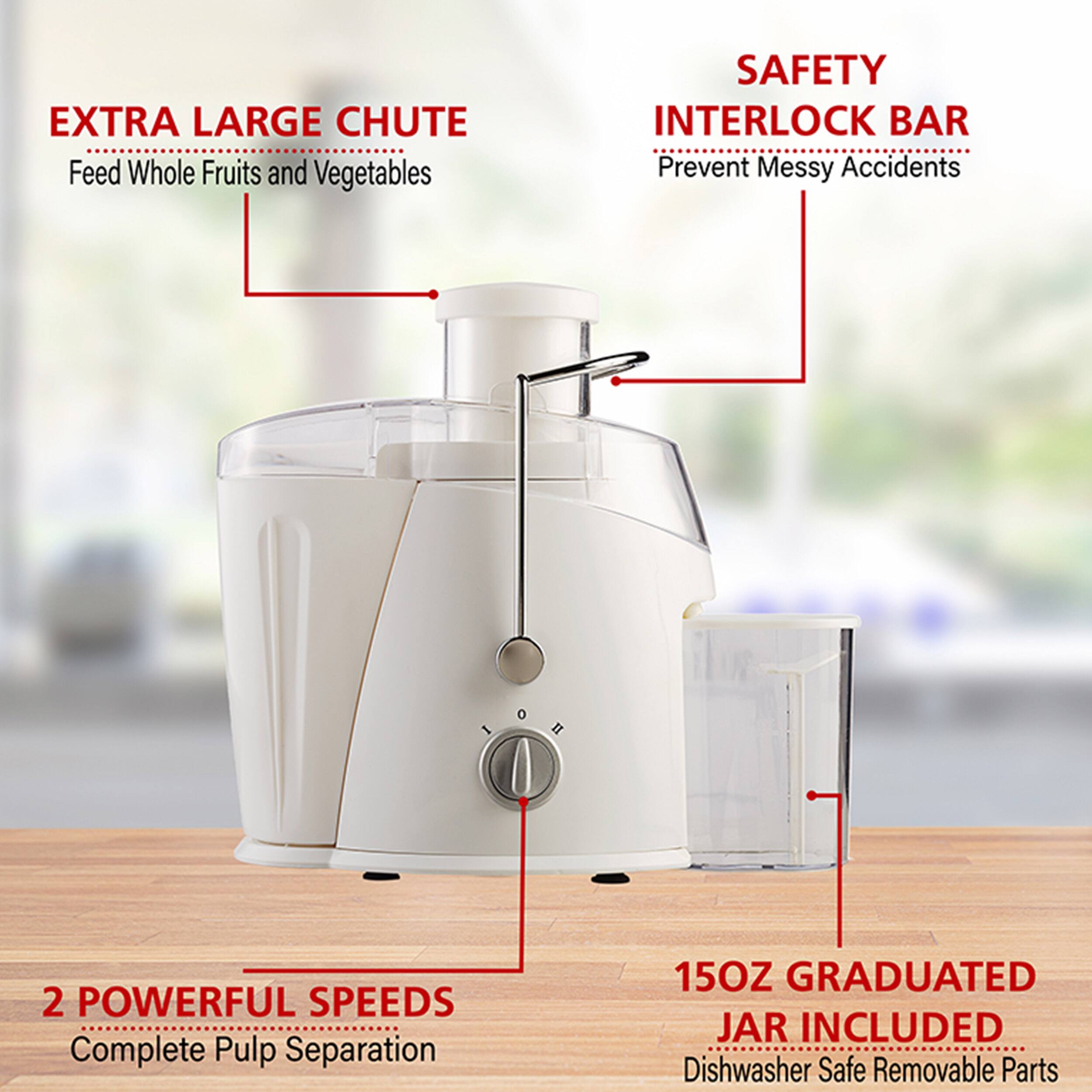 EXTRA LARGE CHUTE  
Feed Whole Fruits and Vegetables  

SAFETY INTERLOCK BAR  
Prevent Messy Accidents  

2 POWERFUL SPEEDS  
Complete Pulp Separation  

15OZ GRADUATED JAR INCLUDED  
Dishwasher Safe Removable Parts