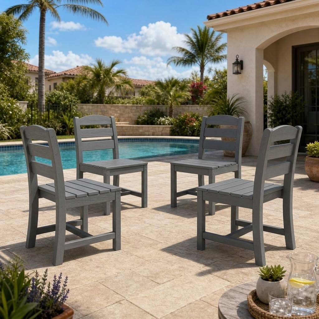 Front. SERWALL - Outdoor HDPE Armless Dining Chairs Set of 4,All-Weather Use - Grey.