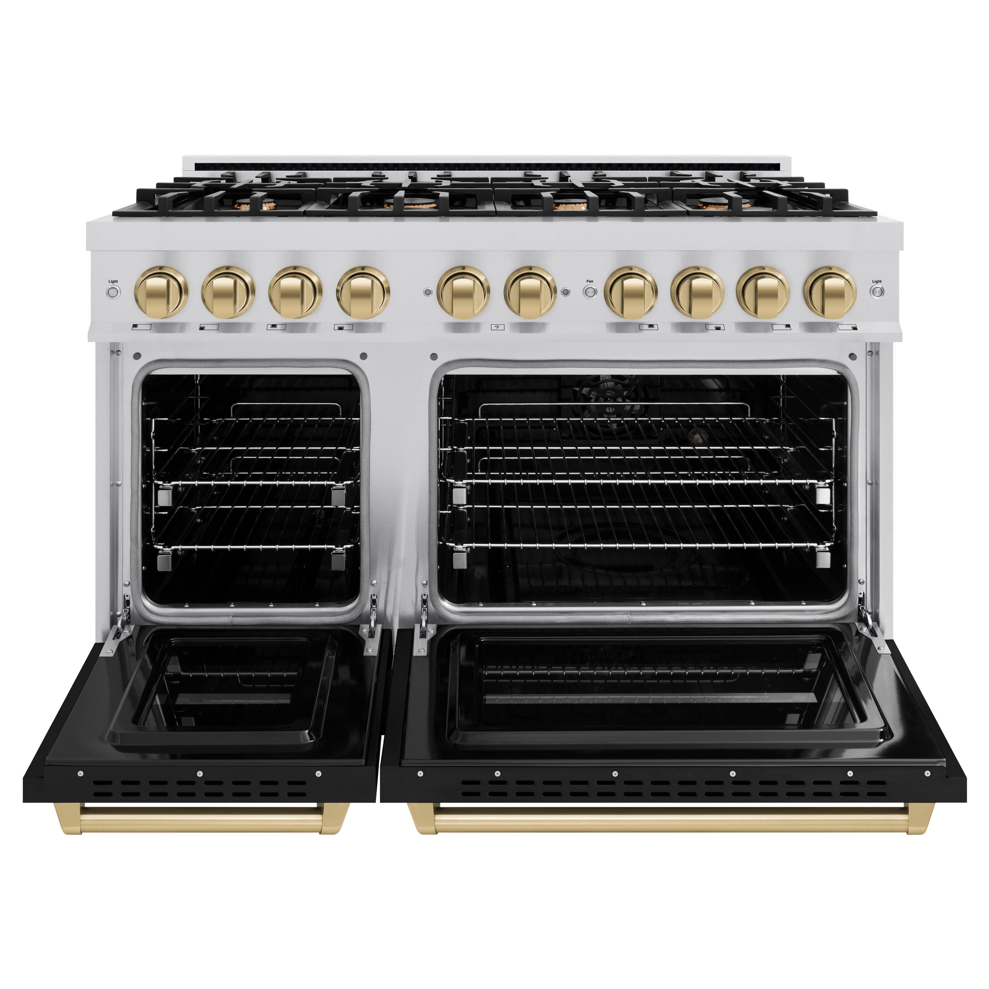 Left. ZLINE - ZLINE Autograph 48" 6.7 cu. ft. Freestanding Classic Double Oven Gas Range w/ Black Doors & Bronze Accents - Black Matte.
