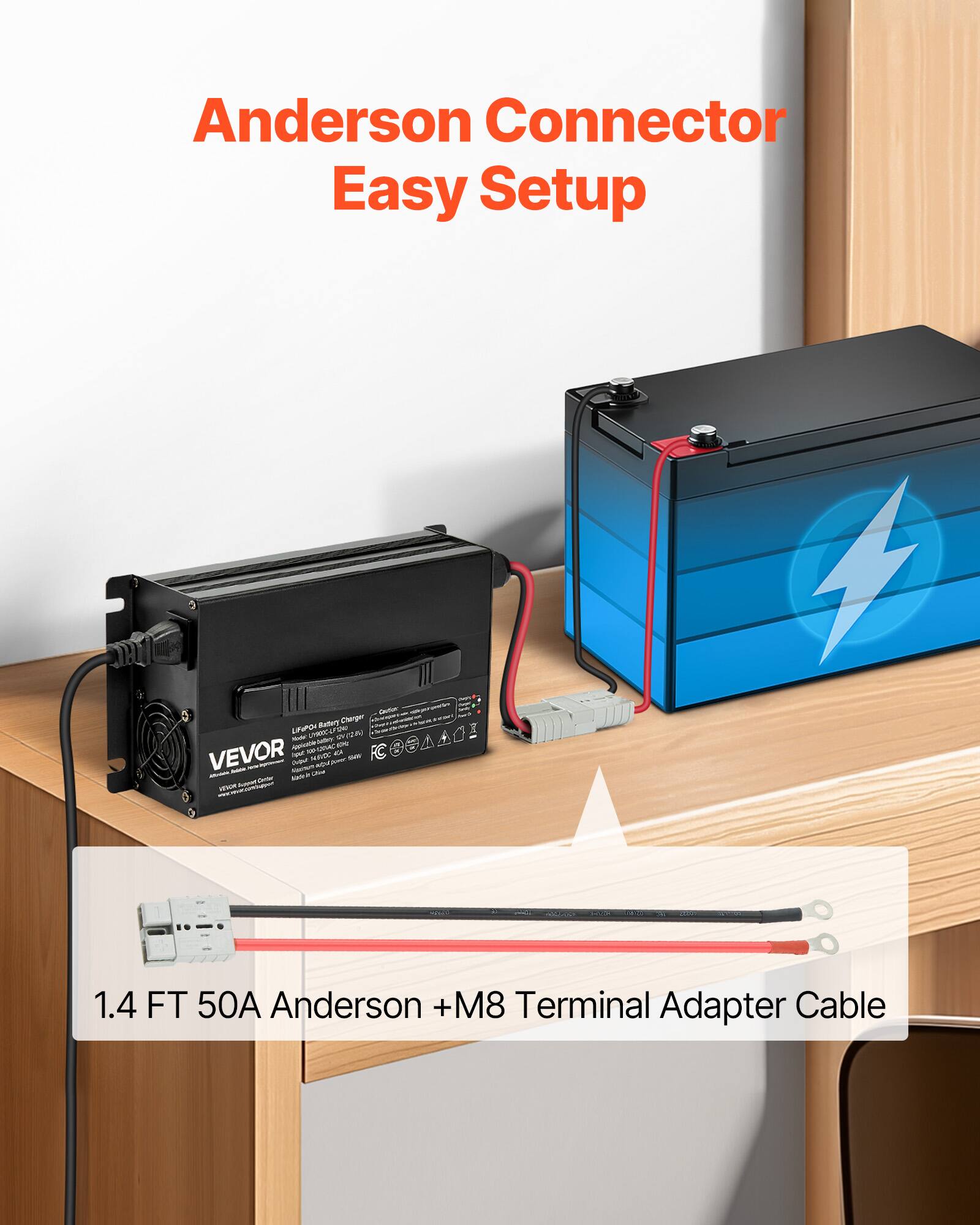 Anderson Connector Easy Setup

Betery Charger LIFOPOL USHOU You VON Made Applestero DRMC KOME VEVOR nove 50% CX und - - Percent CHIN age rever, -

1.4 FT 50A Anderson +M8 Terminal Adapter Cable