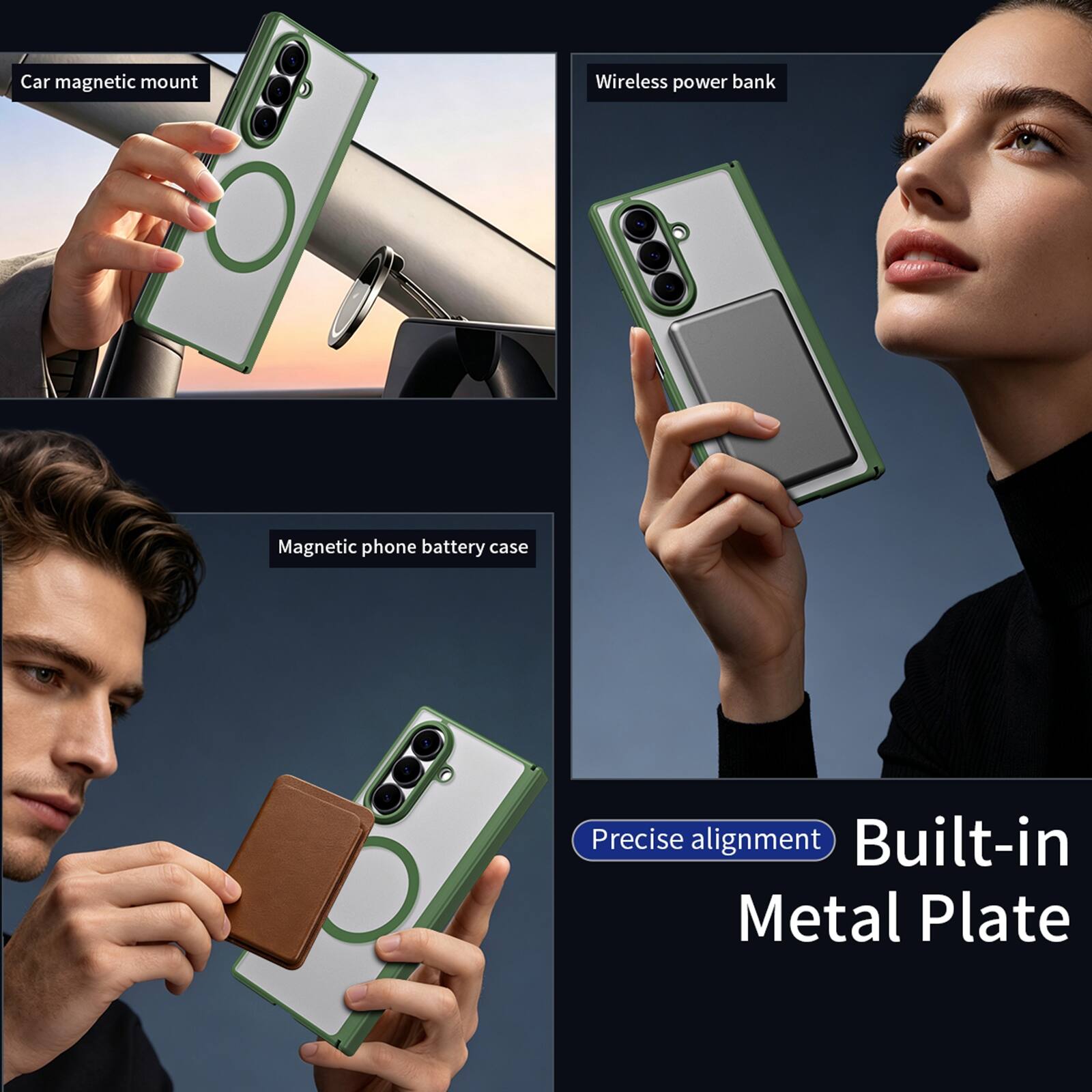Car magnetic mount  
Wireless power bank  
Magnetic phone battery case  
Precise alignment  
Built-in Metal Plate