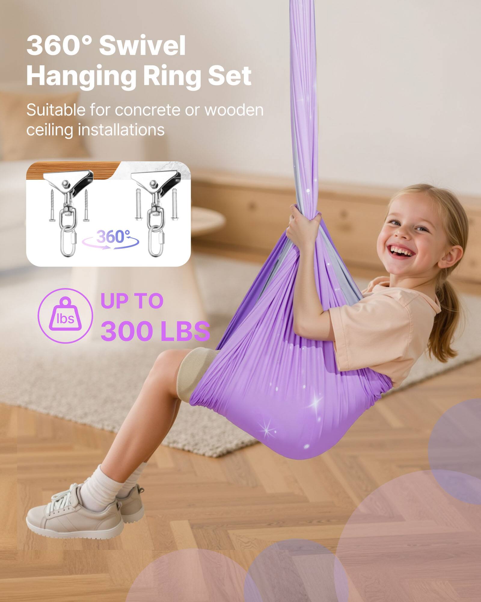 360° Swivel Hanging Ring Set  
Suitable for concrete or wooden ceiling installations  

UP TO 300 LBS
