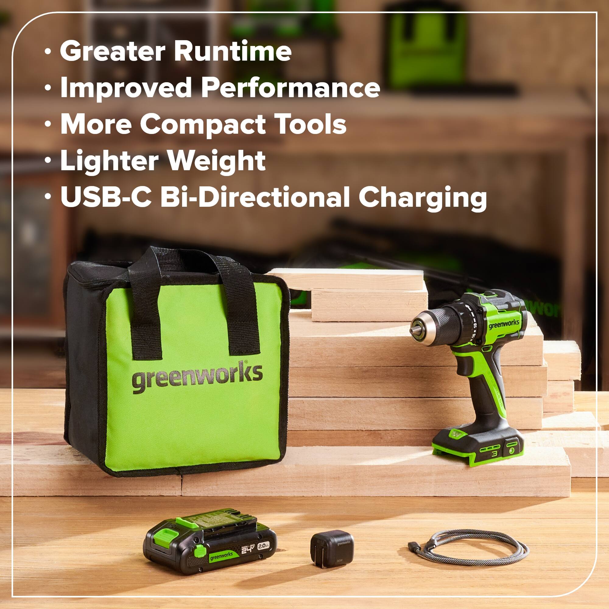 - Greater Runtime
- Improved Performance
- More Compact Tools
- Lighter Weight
- USB-C Bi-Directional Charging

greenworks

E S E 7