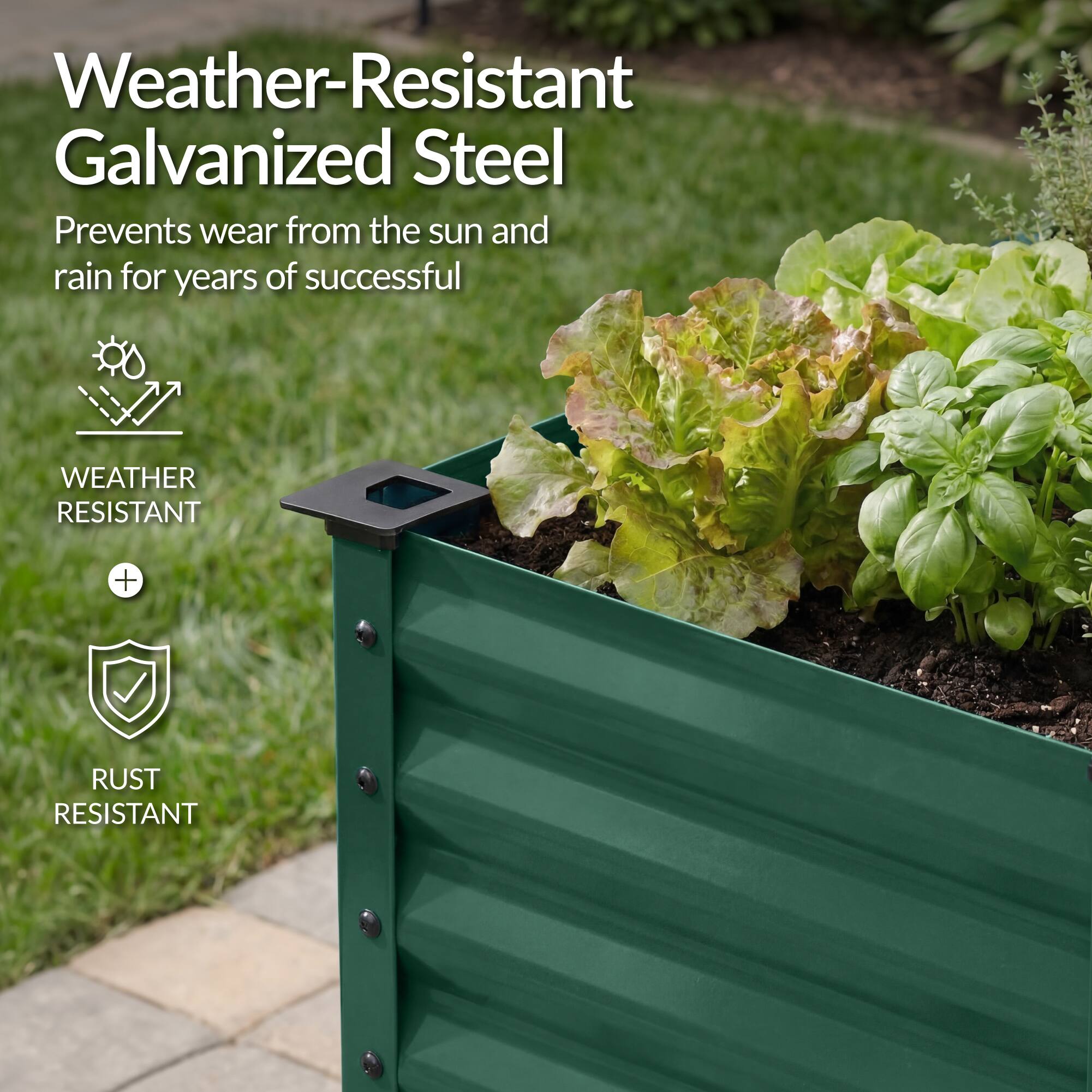 Weather-Resistant Galvanized Steel

Prevents wear from the sun and rain for years of successful

WEATHER RESISTANT + RUST RESISTANT