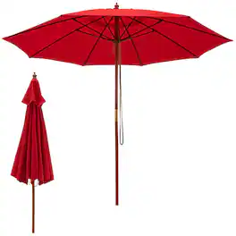 Gymax - 9.5 FT Rope Pulley Wooden Umbrella Market w/ Fiberglass Ribs Patio - Red