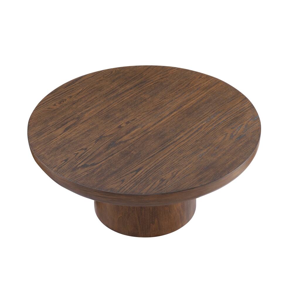 Back. Loheer - 36 Inch Round Coffee Table Wood Veneer Farmhouse Sofa Side Table with Cylindrical Legs for Living Room - Dark Brown.