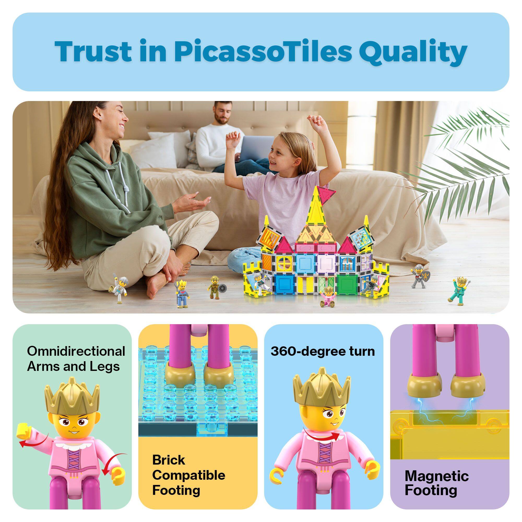 Trust in PicassoTiles Quality

- Omnidirectional Arms and Legs
- 360-degree turn
- Brick Compatible Footing
- Magnetic Footing