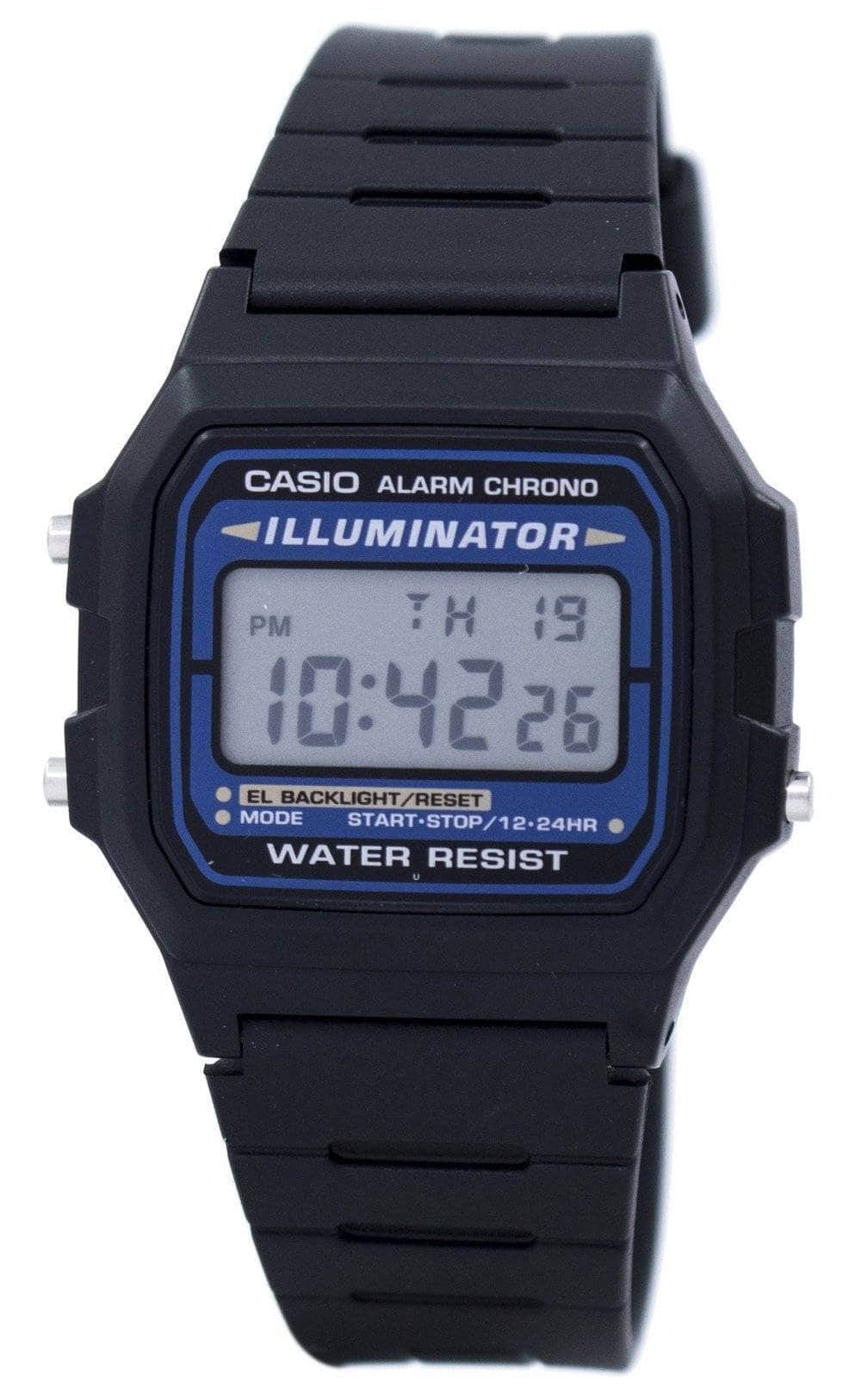 CASIO ALARM CHRONO ILLUMINATOR  
TH 19  
10:42 26 PM  
EL BACKLIGHT/RESET  
MODE START-STOP/12-24HR  
WATER RESIST