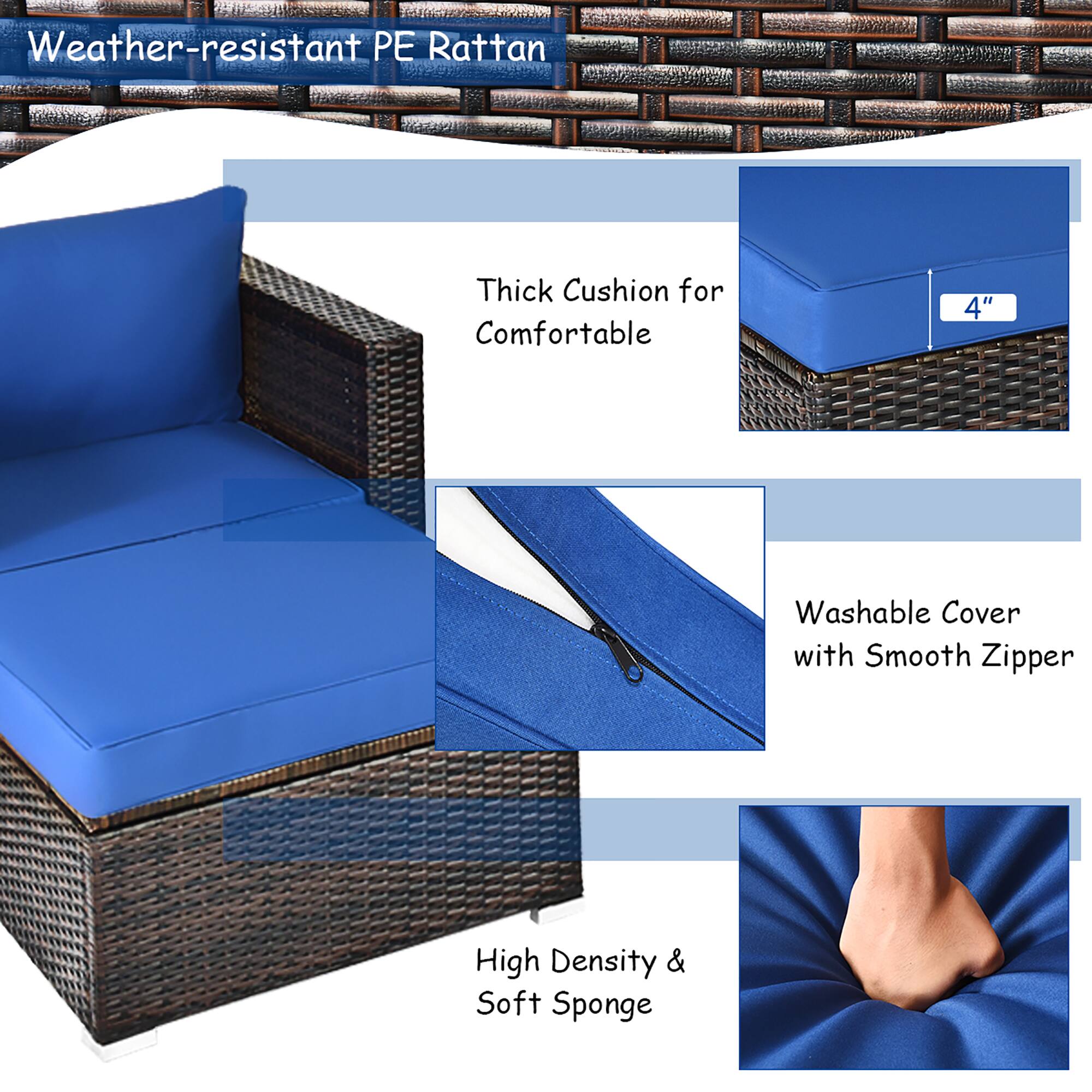 Weather-resistant PE Rattan Thick Cushion for Comfortable 4" Washable Cover with Smooth Zipper High Density & Soft Sponge