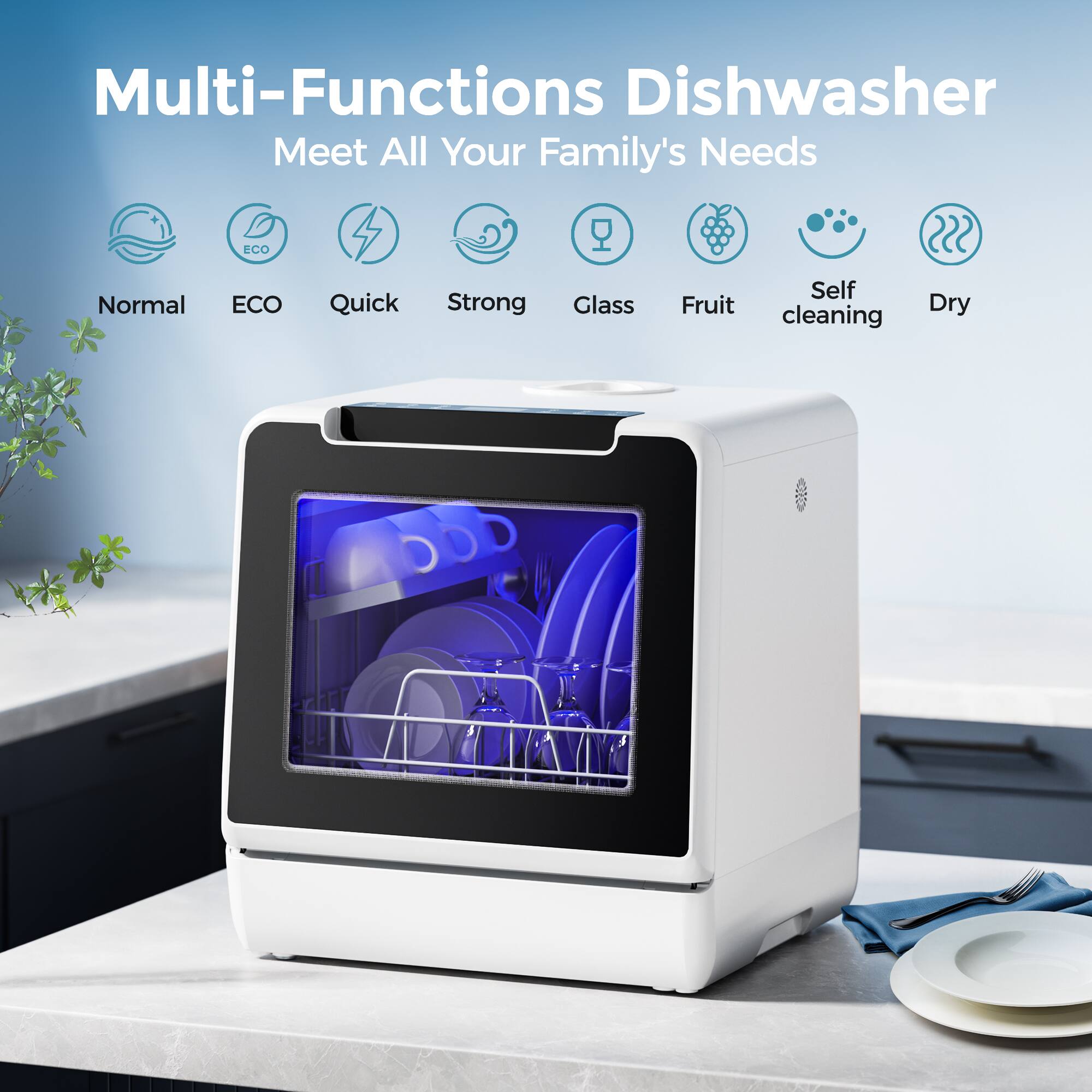 Multi-Functions Dishwasher  
Meet All Your Family's Needs  

Normal  
ECO  
Quick  
Strong  
Glass  
Fruit  
Self cleaning  
Dry