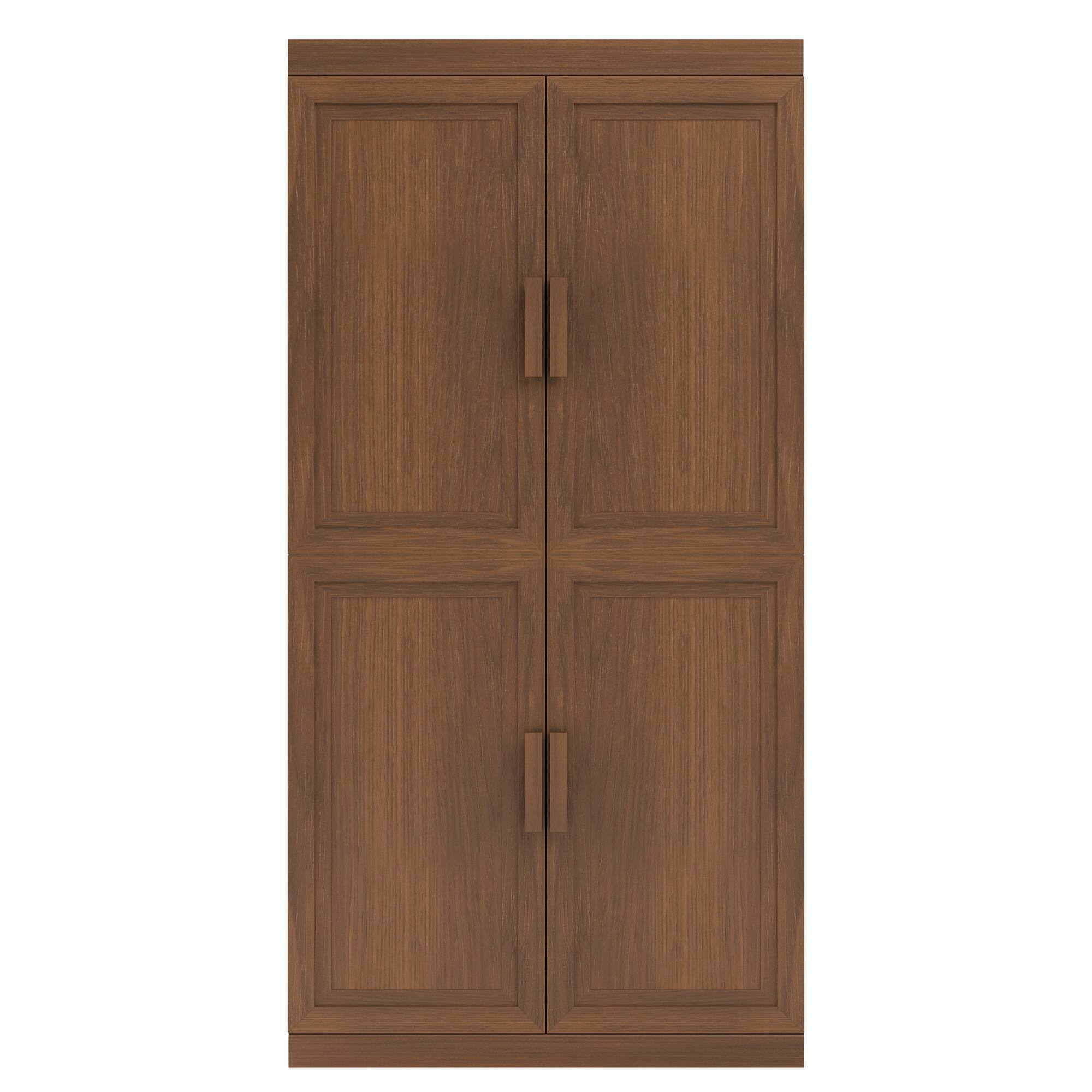Left. PexFix - 62" Farmhouse Corner Accent Storage Cabinet with Solid Wood Doors and Adjustable Shelves for Space-Saving - Walnut.