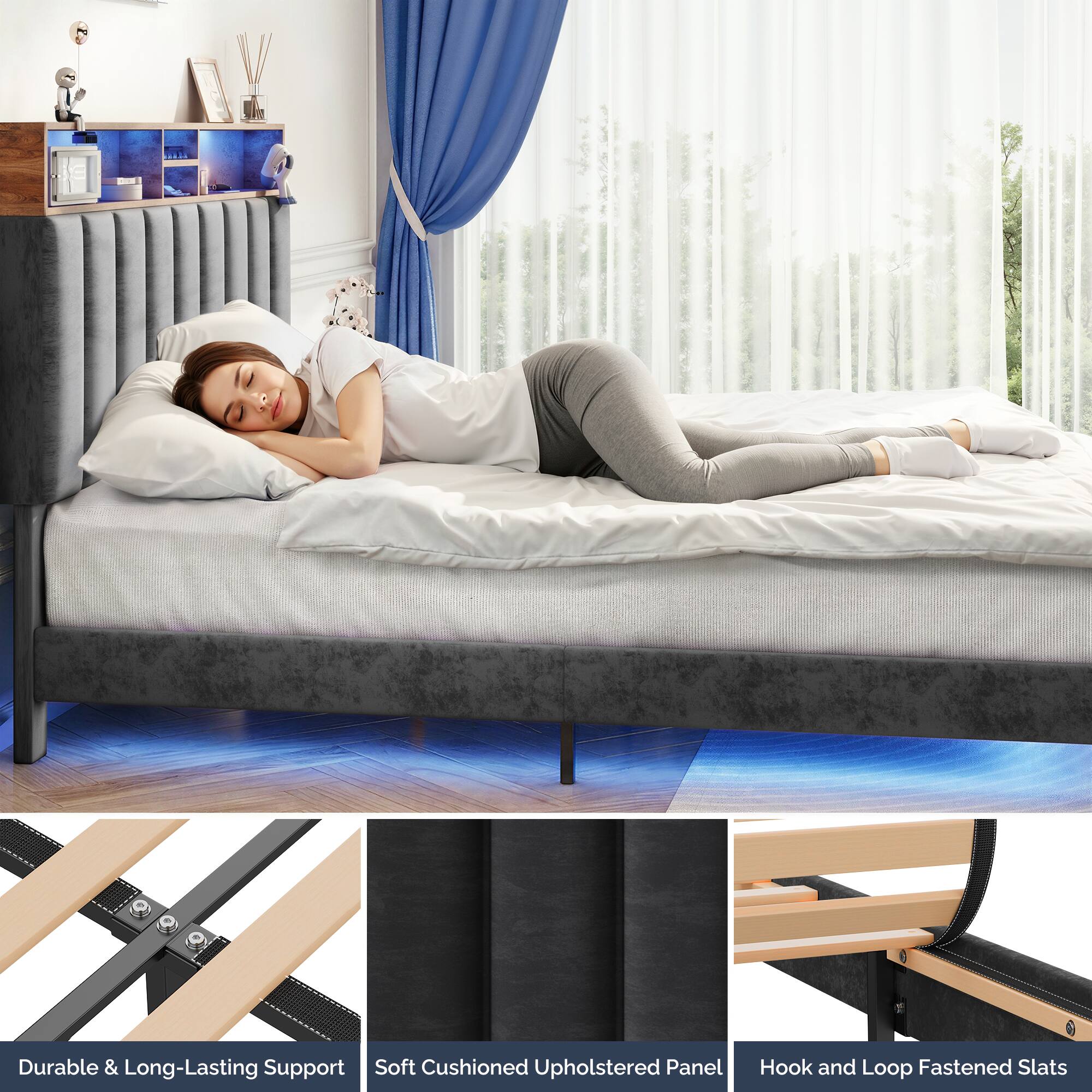 - Durable & Long-Lasting Support
- Soft Cushioned Upholstered Panel
- Hook and Loop Fastened Slats