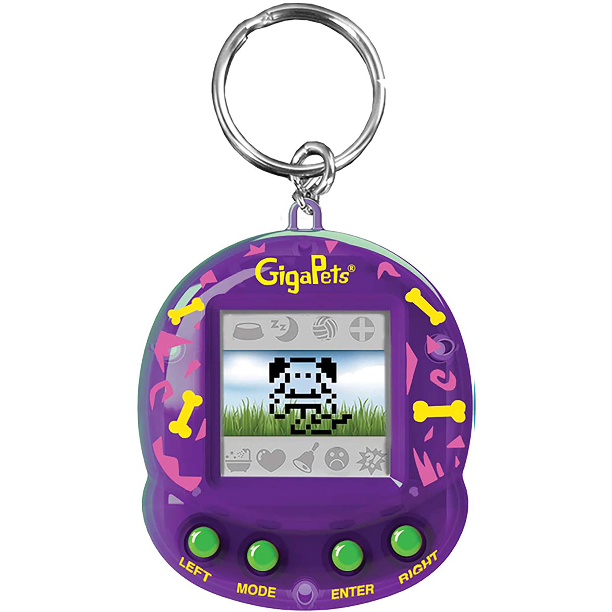 GigaPets key chain with a purple and pink design, featuring a dog on the screen. The key chain has a left mode and right enter button.