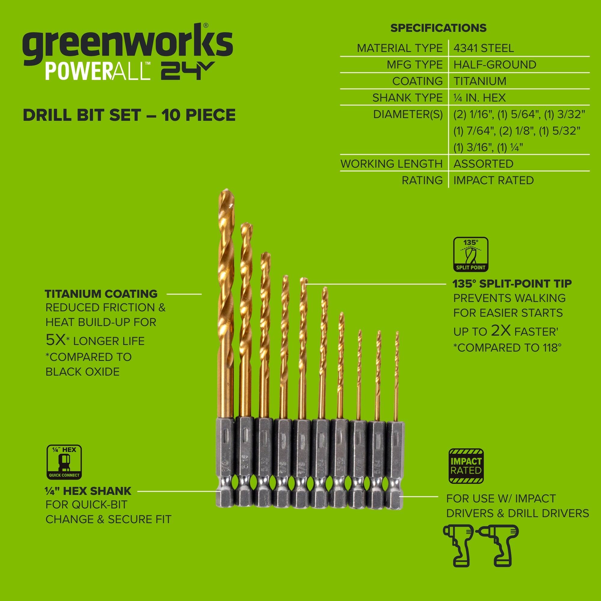 greenworks POWERALL 24V DRILL BIT SET - 10 PIECE

SPECIFICATIONS
- MATERIAL TYPE: 4341 STEEL
- MFG TYPE: HALF-GROUND
- COATING: TITANIUM
- SHANK TYPE: 1/4 IN. HEX
- DIAMETER(S): (2) 1/16", (1) 5/64", (1) 3/32", (1) 7/64", (2) 1/8", (1) 5/32", (1) 3/16", (1) 1/4"
- WORKING LENGTH: ASSORTED
- RATING: IMPACT RATED

TITANIUM COATING
- REDUCED FRICTION & HEAT BUILD-UP FOR 5X* LONGER LIFE *COMPARED TO BLACK OXIDE

135° SPLIT-POINT TIP
- PREVENTS WALKING FOR EASIER STARTS UP TO 2X FASTER' *COMPARED TO 118°

1/4" HEX SHANK
- FOR QUICK-BIT CHANGE & SECURE FIT
