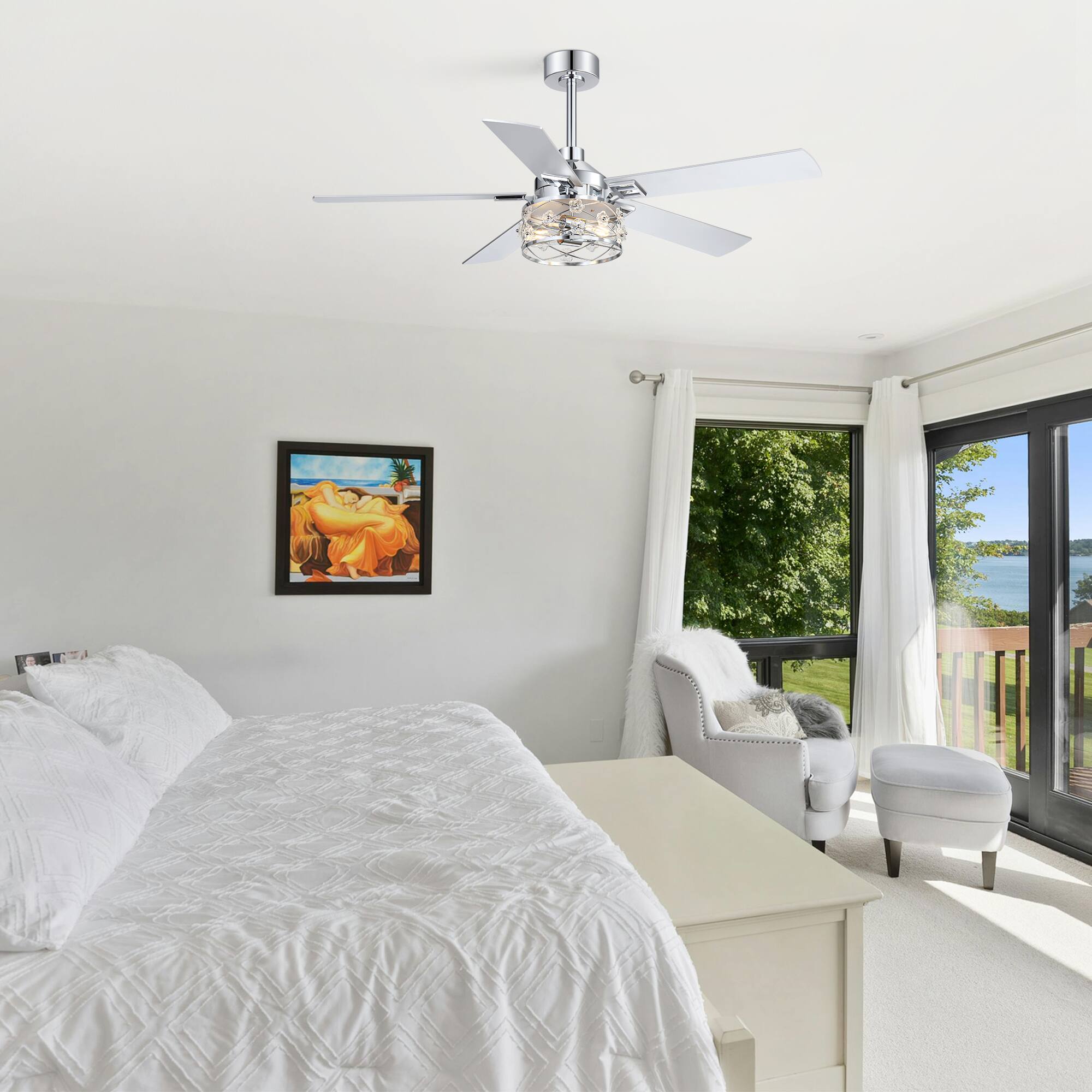 Back. Breezary - 52-Inch Indoor Ceiling Fan with Light Kit, 5 Plywood Dual-Finish Blades, DC Motor, 5/10'' Downrods, Remote, Glass Shade - Chrome with Silver & Woodgrain Blades.