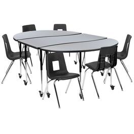 Flash Furniture - Emmy Mobile 86" Oval Wave Flexible Laminate Activity Table Set with 18" Student Stack Chairs, Grey/Black - Gray