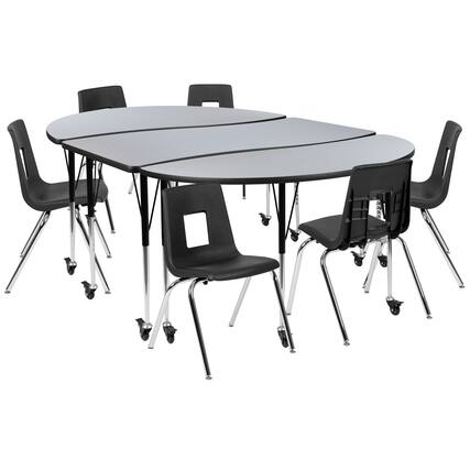 Front. Flash Furniture - Emmy Mobile 86" Oval Wave Flexible Laminate Activity Table Set with 18" Student Stack Chairs, Grey/Black - Gray.