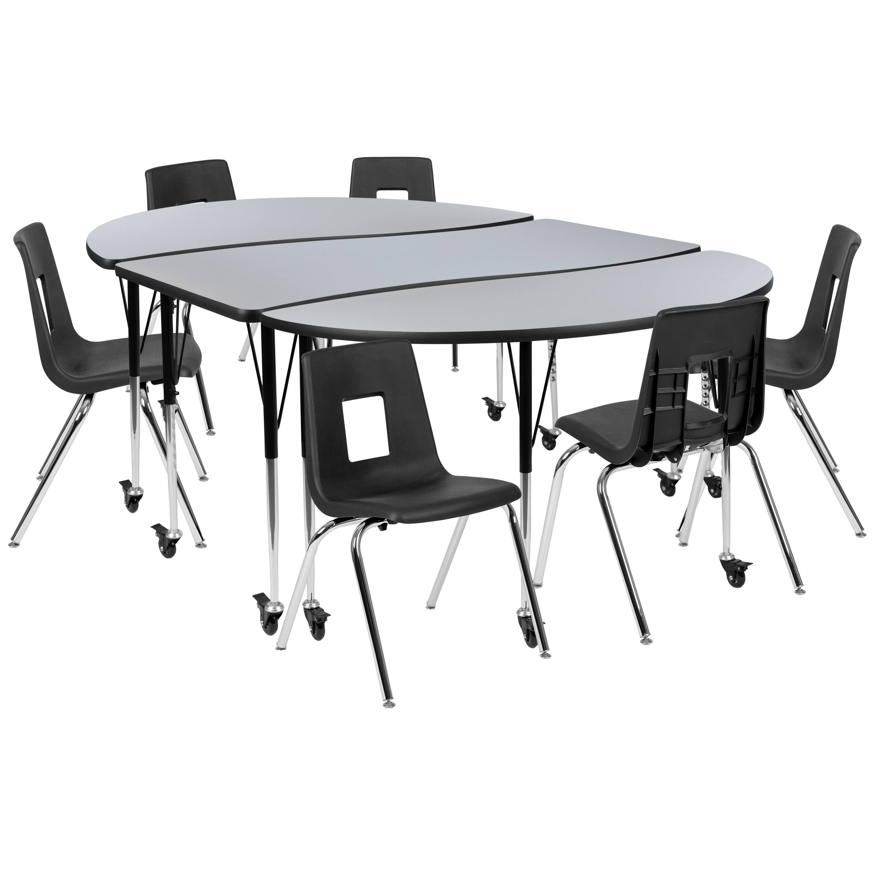 Alt View 1. Emma + Oliver - Mobile 86" Oval Wave Collaborative Laminate Activity Table Set with 18" Student Stack Chairs, Grey/Black - Grey.