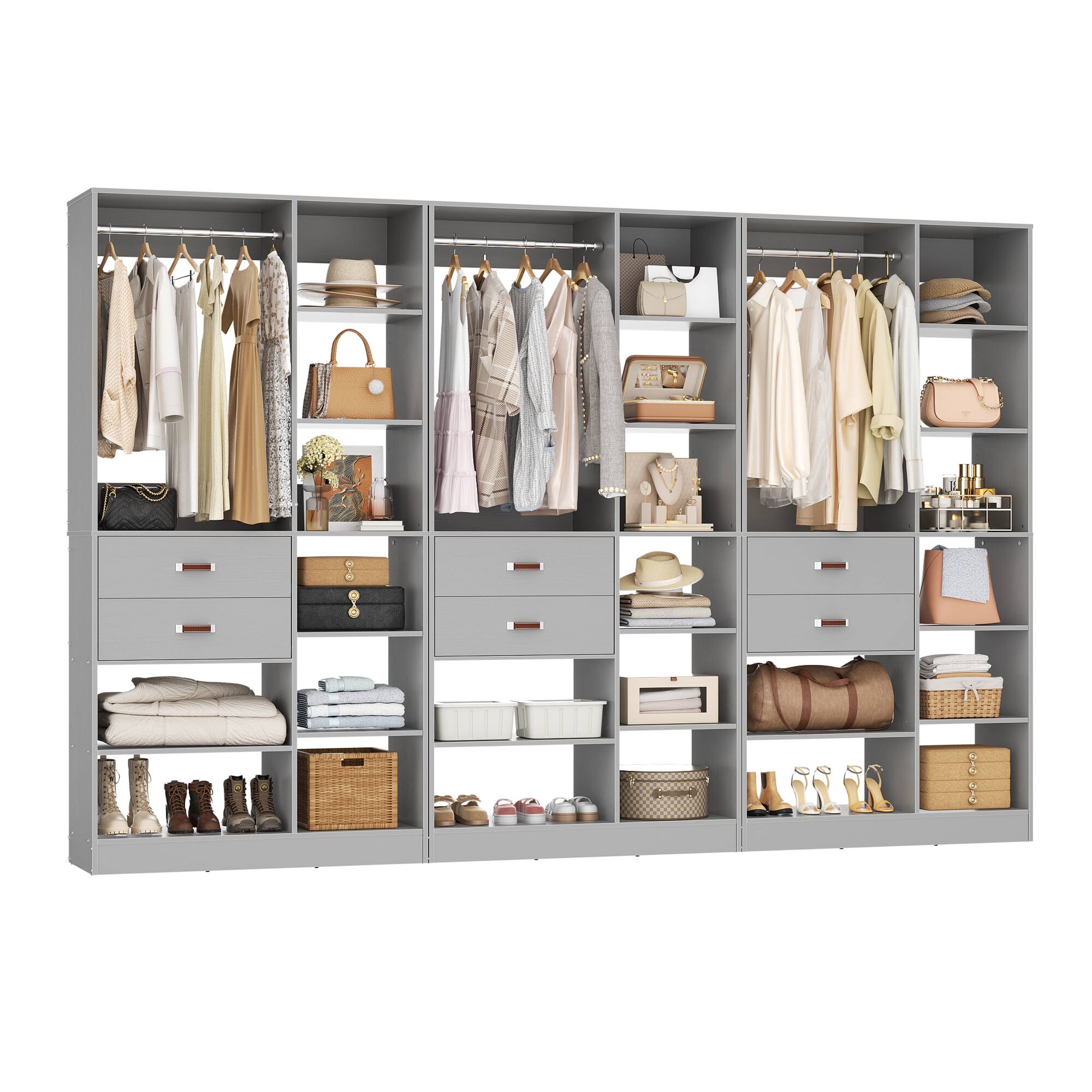 Angle. Aheaplus - 120'' Wide 3-Piece Walk-in Closet Organizer, 6 Drawers, 3 Hanging Rods, 30 Open Shelves - Gray.