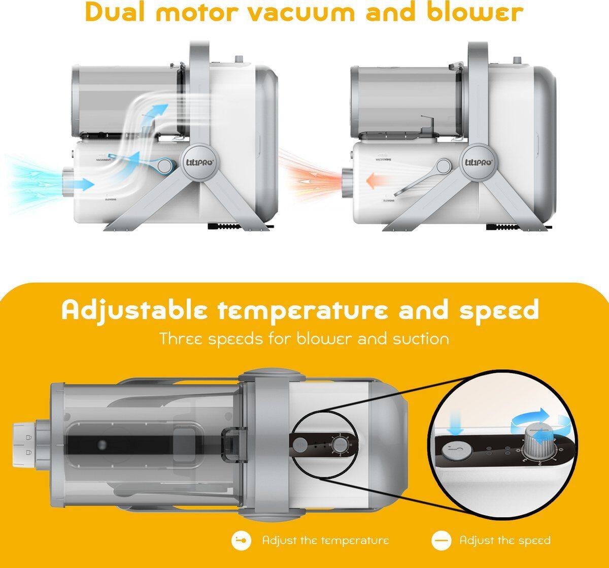 Dual motor vacuum and blower

Adjustable temperature and speed

Three speeds for blower and suction

Adjust the temperature

Adjust the speed