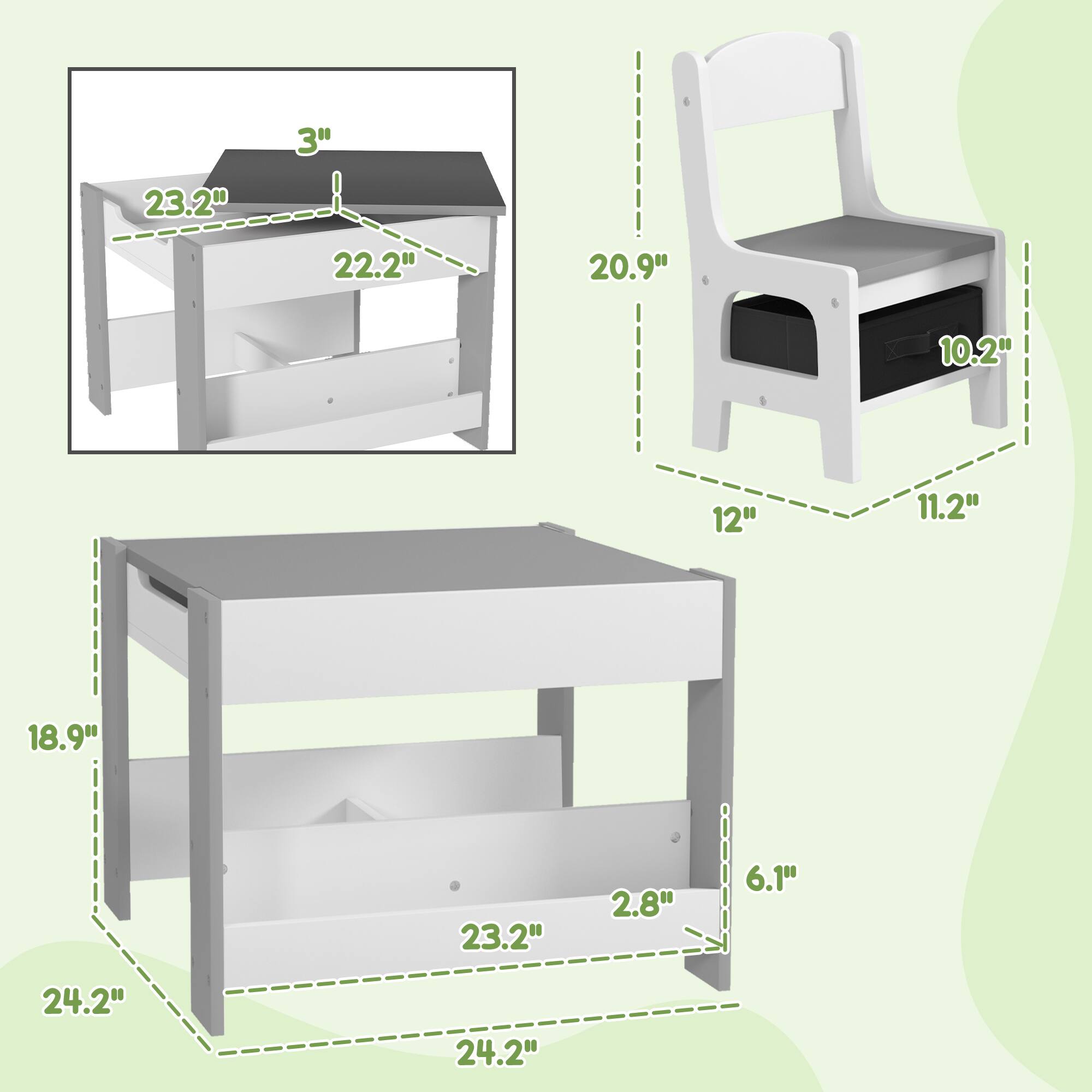 - Desk:
  - Width: 24.2"
  - Depth: 23.2"
  - Height: 18.9"
  - Shelf Height: 6.1"
  - Shelf Depth: 2.8"
  - Top Surface Height: 3"

- Chair:
  - Height: 20.9"
  - Seat Width: 12"
  - Seat Depth: 11.2"
  - Back Height: 10.2"