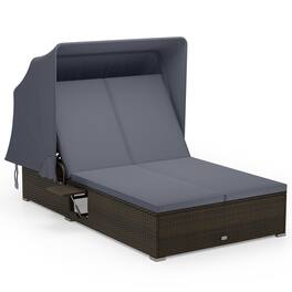 Gymax - 2-person Rattan Lounge Bed w/ Retractable Canopy 5-position Adjustable Backrest Gray - Brown