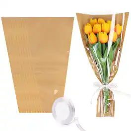 DORLUKFU - 50Pcs Flower Bags for Bouquets Kraft Floral Sleeves Wrapping Paper with Ribbons for Mother's Day, Wedding, Birthday - Yellow