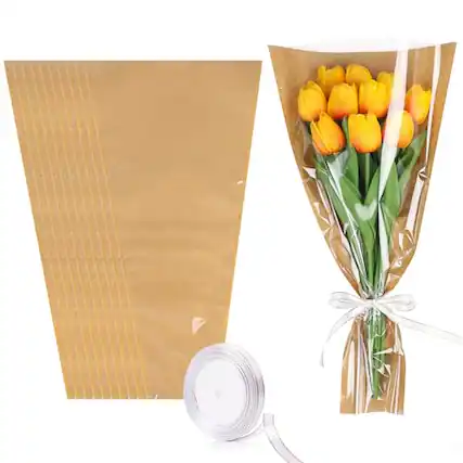 Front. DORLUKFU - 50Pcs Flower Bags for Bouquets Kraft Floral Sleeves Wrapping Paper with Ribbons for Mother's Day, Wedding, Birthday - Yellow.