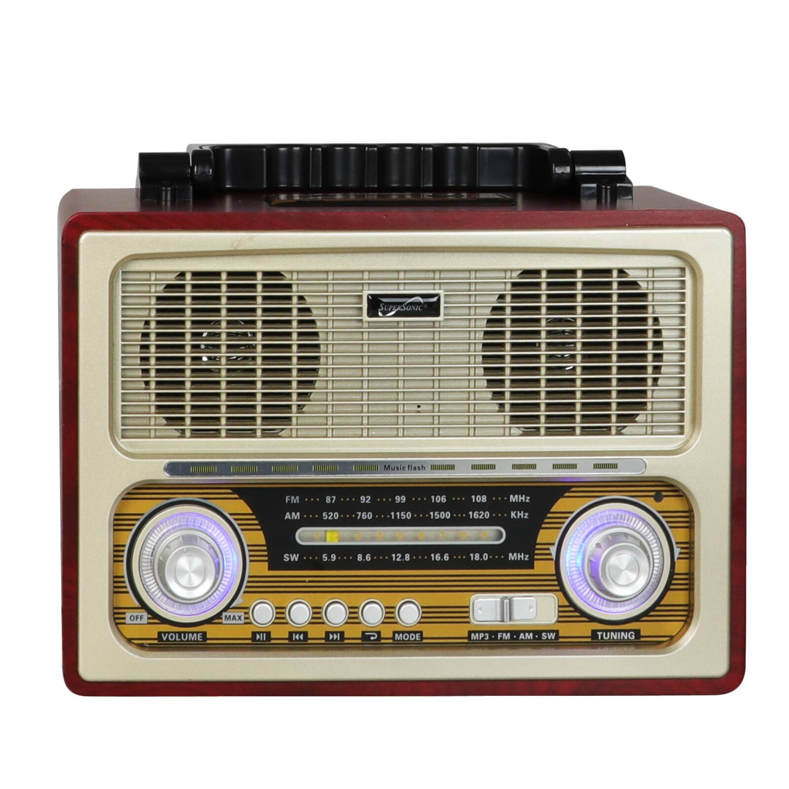 SCRUSONk Music flash FM AM 87 92 106 1150 1500 1620 MHz 520 760 99 12.8 16.6 18.0 MHz SW 5.9 . 8.6 OFF MAX VOLUME I H4 F MODE MP3 FM AM SW TUNING