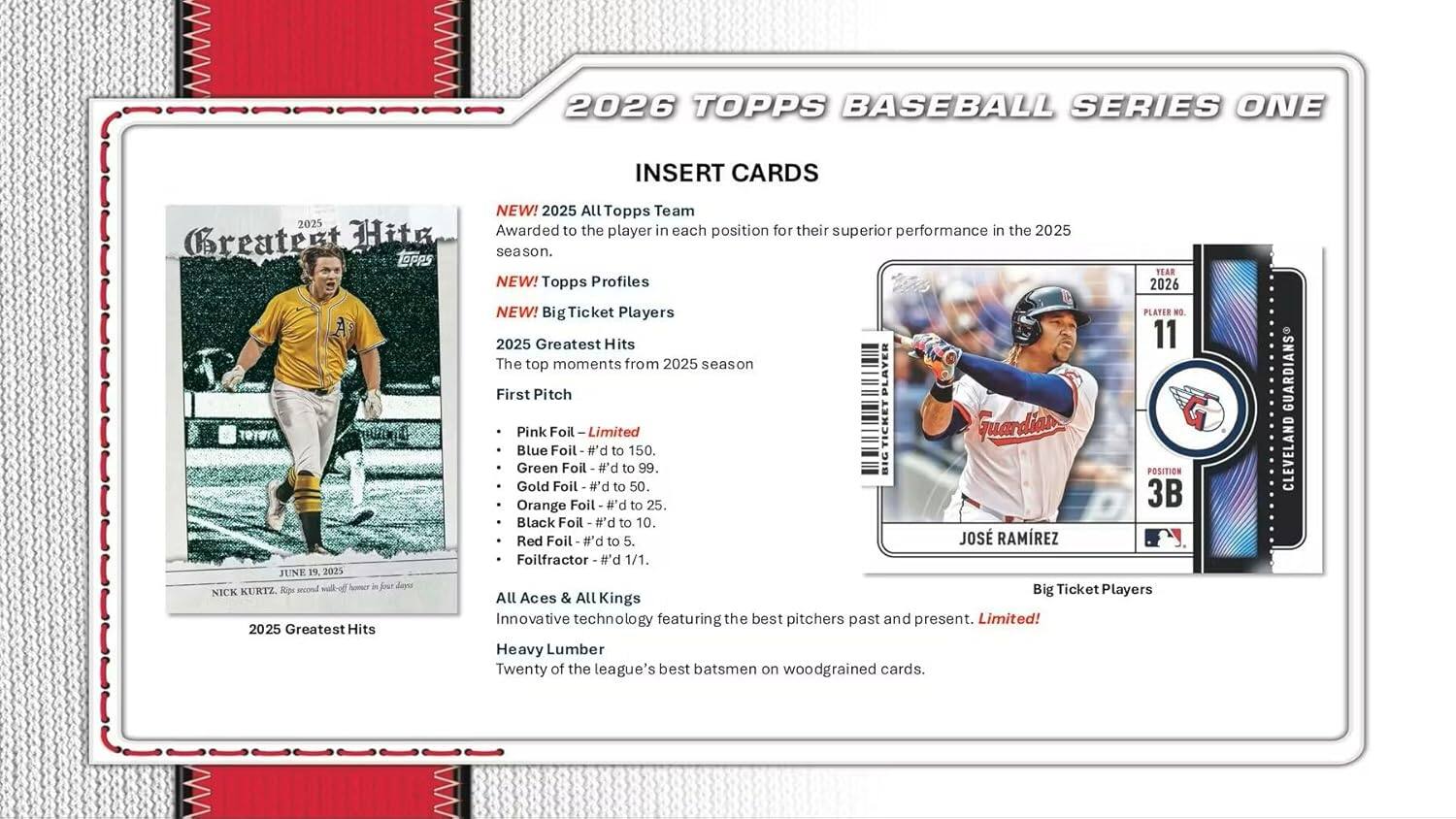 2026 TOPPS BASEBALL SERIES ONE INSERT CARDS

NEW! 2025 Greatest Hits
TOPPS JUNE 19, 2025
Second of a 10-card set

2025 Greatest Hits
NEW! 2025 All Topps Team
Awarded to the player in each position for their superior performance in the 2025 season.

NEW! Topps Profiles
NEW! Big Ticket Players

2025 Greatest Hits
The top moments from 2025 season
First Pitch

PLAYER
Pink Foil - Limited
Blue Foil - #d to 150
Green Foil - #d to 99
Orange Foil - #d to 25
BIG POSITION
Gold Foil - #d to 50
3B
Black Foil - #d to 10
Red Foil - #d to 5
JOSÉ RAMÍREZ
Foilfractor - #d 1/1

Big Ticket Players
All Aces & All Kings
Innovative technology featuring the best pitchers past and present. Limited!

Heavy Lumber
Twenty of the league's best bats