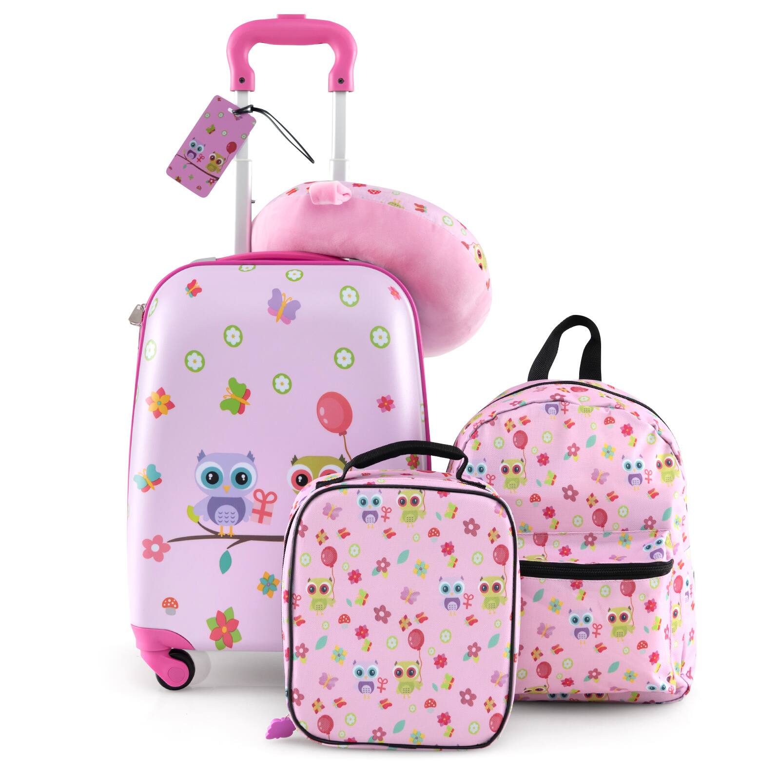 Alt View 9. Ecooso - 5-Piece Kids Luggage Set, Rolling Suitcase + Backpack + Lunch Bag + Neck Pillow + Name Tag - Pink.