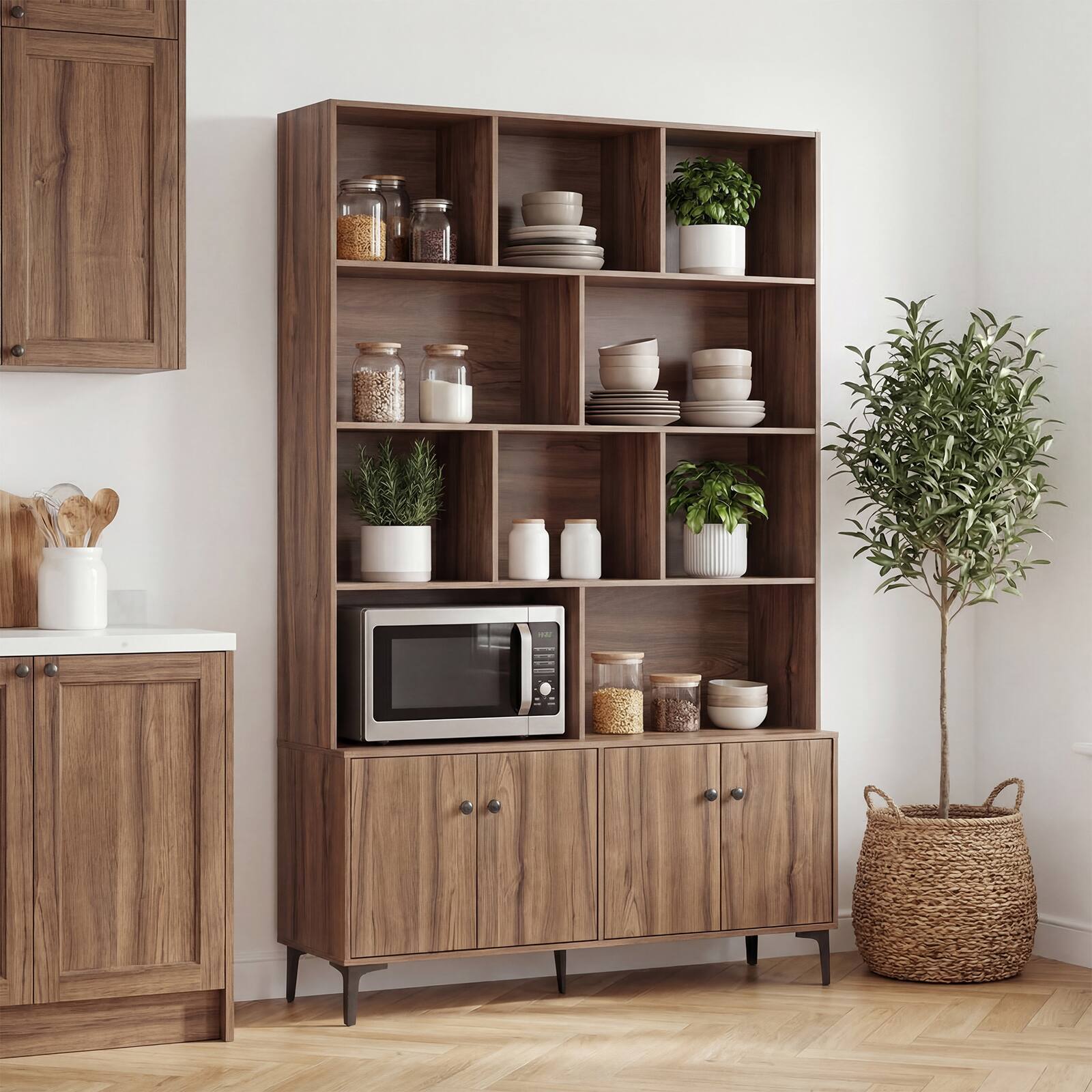 Alt View 5. Gymax - Gymax Bookshelf w/ Doors 5-Tier Floor Standing Bookcase w/ 2 Anti-Tipping Kits Walnut - Brown.